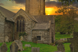 Widecombe Church at Sunset. Taken from the churchyard by Alan Rawson in 2017.</