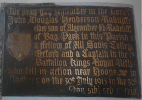 Widecombe WW1: John Douglas Henderson Radcliffe. Plaque marking his death in Widecombe Church. Picture supplied by David Ashman